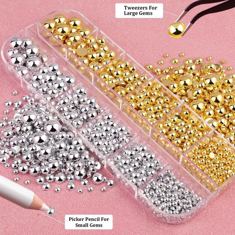 BELLEBOOST Flat Back Pearls Kits, Flatback Half Round Silver Gold Pearls for Bedazzling with Pickup Pencil and Tweezers for Crafting Home DIY and Professional Nail Art, Face Makeup and Craft - Image 3